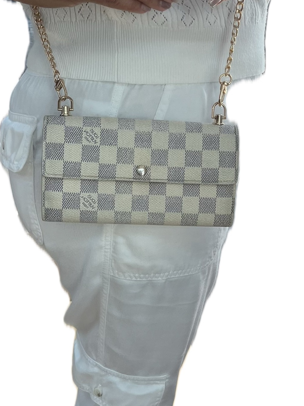 Designer Checkered Crossbody Wallet-on-Chain in Beige
